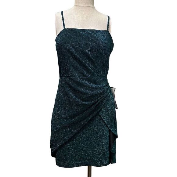 Trixxi Juniors Womens Metallic Gathered Mini Dress Hunter Green Above Knee Sz L - Picture 2 of 16